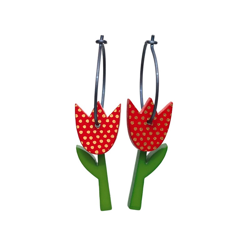 Tulipan, rød tulipan m guldprikker, grøn stilk