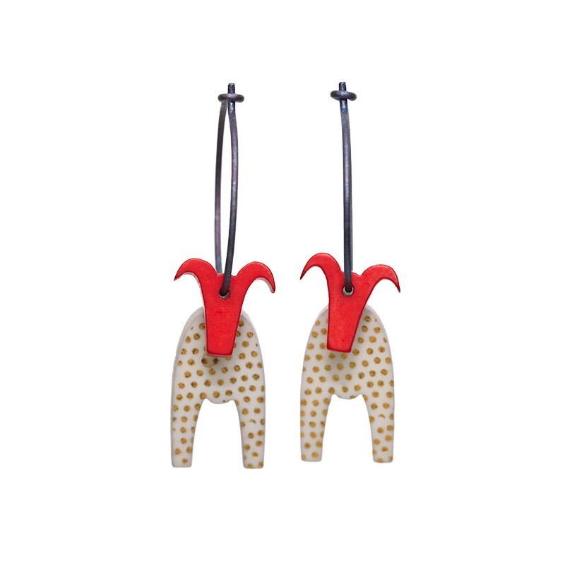 Christmas goat, white with gold dots, red head