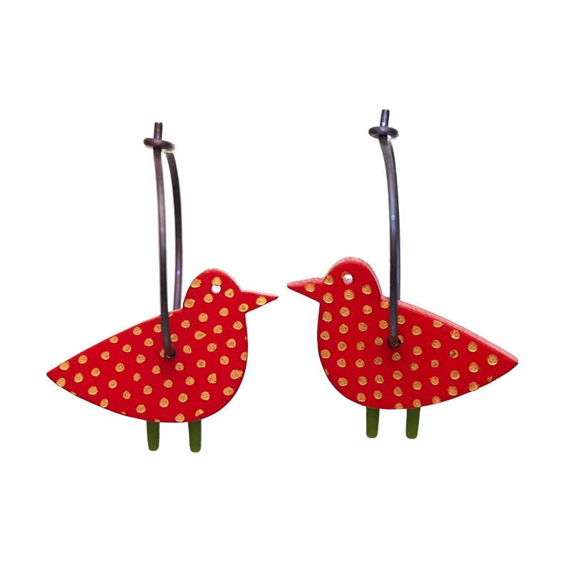 Sparrow, red with gold dots, green legs