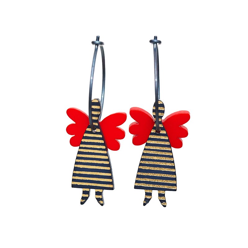 Angel, dark blue with gold stripes, red wings