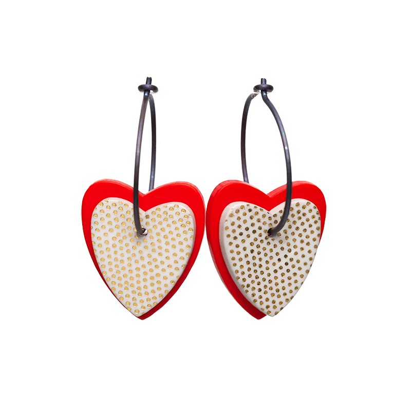 Heart, white with gold dots, background red heart