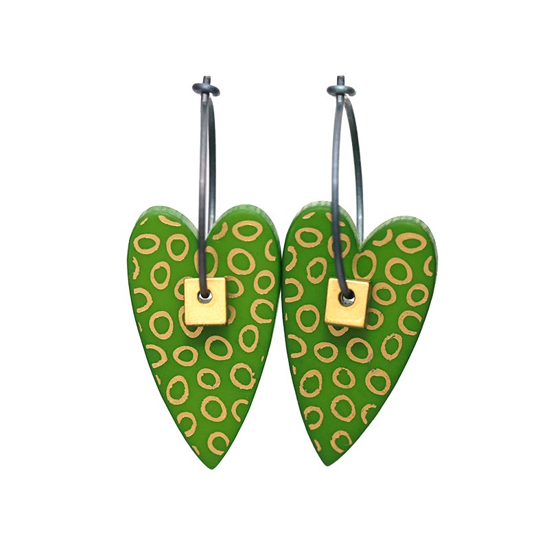 Heart, green with gold twirl, gold pearl