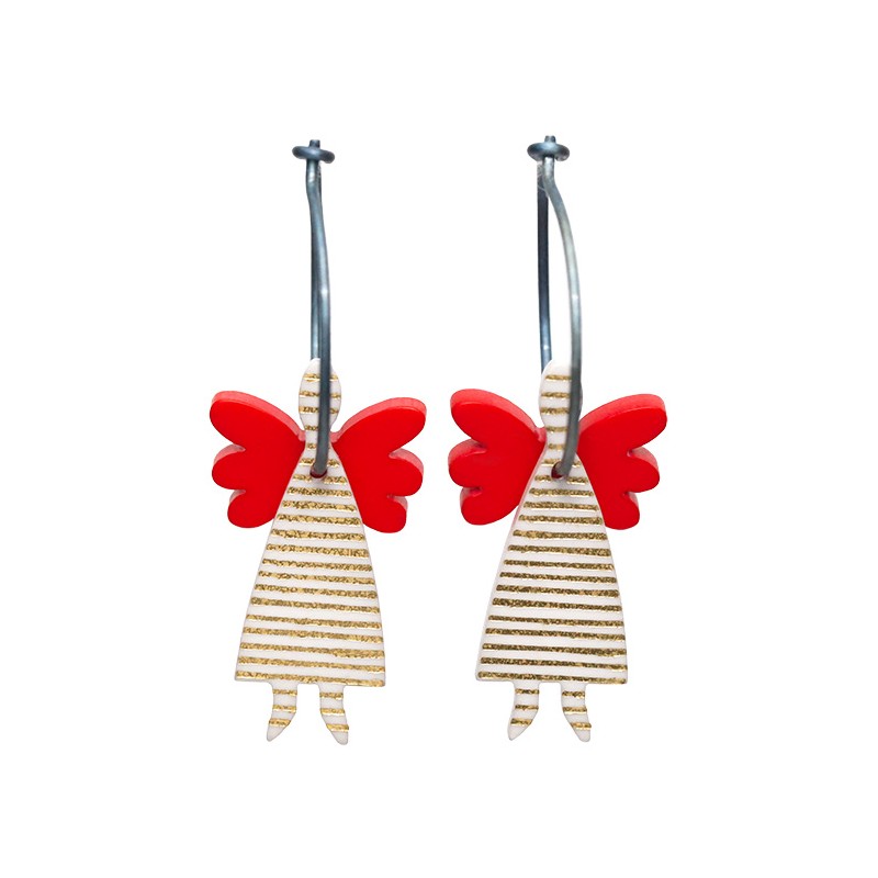 Angel, white with gold stripes, red wings