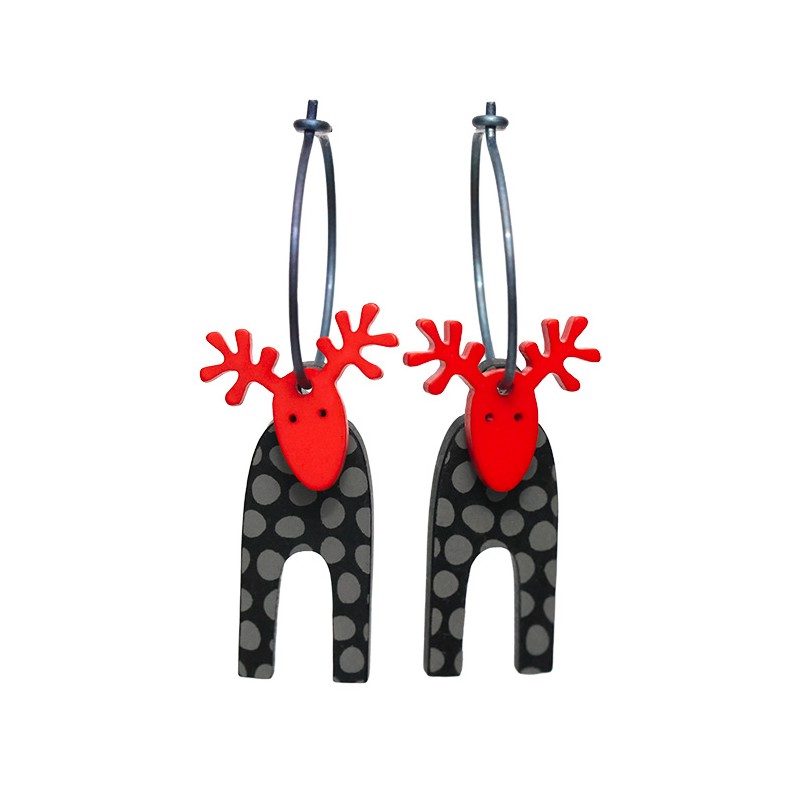 Rensdyr, sort m grå prikker, rød hoved