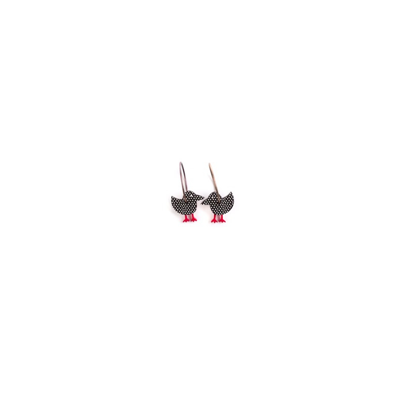 Tit bird, black with white dots, red legs