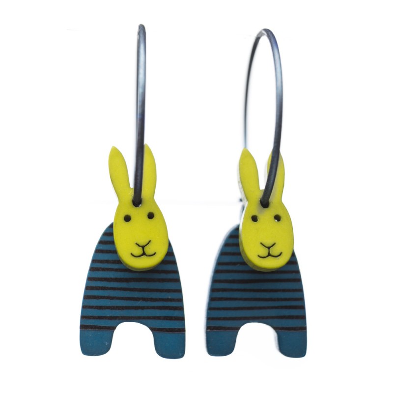 Rabbit, upright ears, dark blue w black stripes, green head