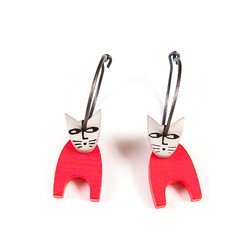 Cat, standing, red w red dots, white head