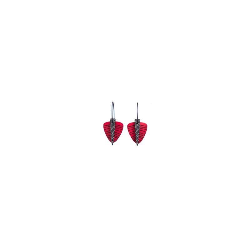 Leaf, triangle, red w stripes, black stalk w grey dots