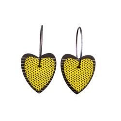 Heart, yellow with dots, black background with white stripes