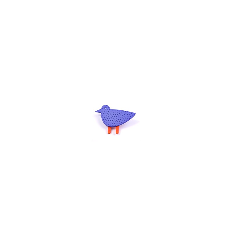 Bird, purple w blue small dots, orange legs w red stripes