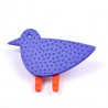 Bird, purple w blue small dots, orange legs w red stripes