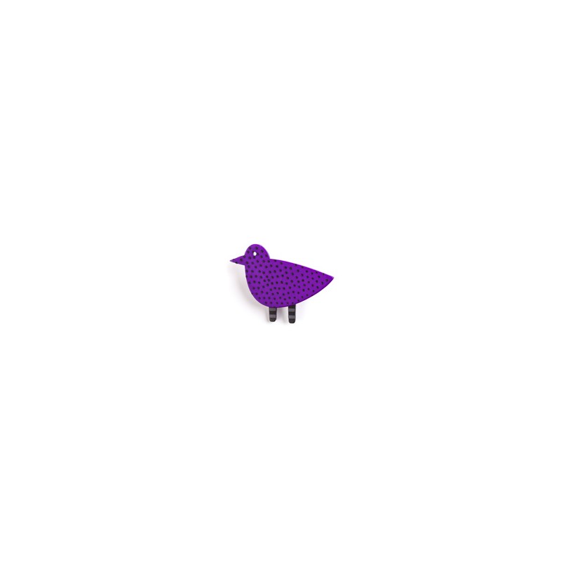Bird, purple w blue dots, black legs w grey stripes